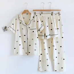 Home Clothing Summer Women Pajamas 3 Pieces Set Bedroom Gauze Cotton Female Sleepwear Short Sleeved Long Pants Shorts Woman PJs