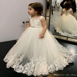 Sheer Neck Lace Flower Girl Dresses Pearls Crystals Little Girl Wedding Dresses Vintage Pageant Dresses Gowns 2964