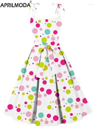 Casual Dresses 2024 Colourful Polka Dot Print Sleeveless Swing Vintage Dress Sling Retro Flare Robe Femme Pinup Pleated Runway