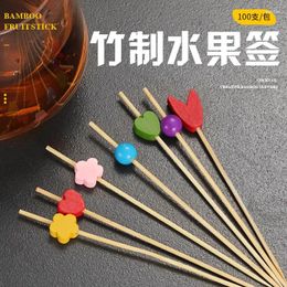 Disposable Flatware Creative Cocktail Signature Decorative Flower Fruit Fork Bamboo Skewer Toothpick Multi-functional