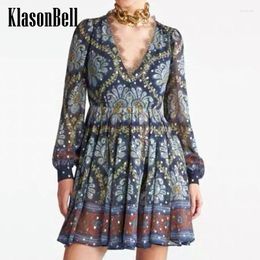 Casual Dresses 4.5 KlasonBell Fashion Vintage Print Lace Spliced V-Neck Lantern Sleeve Dress Silk Women's Holiday Mid-Length