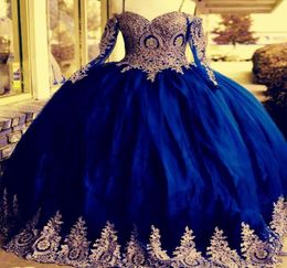 Amazing Royal Blue With Gold Applique Quinceanera Prom Dresses Ball Gown Long Sleeves Lace Cold Shoulder Sweet 16 Party Dress6696235
