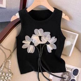 Women's Tanks Flower Tank Top Simple Drawstring Mesh Cami Knitted Sleeveless Camisole