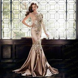 Elegant Luxury Zuhair Murad Dresses Evening Wear Dubai One Shoulder Long Sleeve Rhinestone Crystal Formal Gowns Muslim Gold Prom Dresse 285g