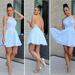 Free Shipping 2019 New Cheap Sweet 16 Blue Homecoming Dresses Halter Lace Appliques Chiffon Short Prom Dress Party Dress Cocktail Gowns 354o