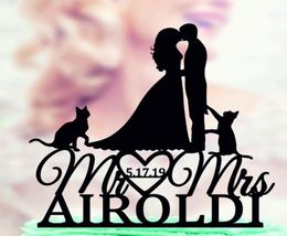 Bride Groom With Two Cats Wedding cake Topper Custom MrMrs Name And Date Anniversary Cake topper with petsWedding Decor 2206185719337