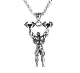 Strong Man Dumbbell Pendant Necklace Stainless Steel Chain Muscle Men Sport GiftFitness Hip Hop Gym Jewelry For Male Necklaces3204073