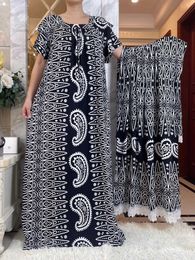 Ethnic Clothing New Summer Abaya With Big Scarf Short Slve Cotton Dress Romanian Style Boat-Neck Loose Floral Boubou Maxi Islam Women Clothe T240510