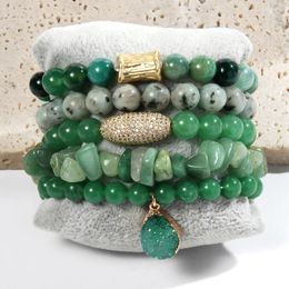 Strand Spring Fashion Bohemian Women's Jewellery 5pcs Natural Stone Glass Beaded Elastic Bracelet Zircon Peanut Stack Set