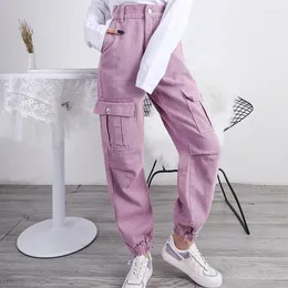 Women's Jeans Fashion Elastic Waist Denim Cargo Pants Women Spring Autumn Purple Black Casual Woman Pockets Loose Boyfriend C6873