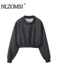 Women's Hoodies Nlzgmsj 2024 Women Jewelry Embellished Washed Short Autumn Winter Sweatshirt Streetwear