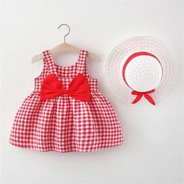 Girl Dresses 2Pcs/Set Girls' Dress Summer Foreign Trade Children's Clothing Sweet Plaid Princess Bow Decoration Sling Gift Hat