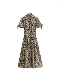Party Dresses GAL 2024 Summer Leopard Print Women Shirt Robe Midi Long Dress Bow Tied Short Sleeve V Neck A-Line Female Y2K