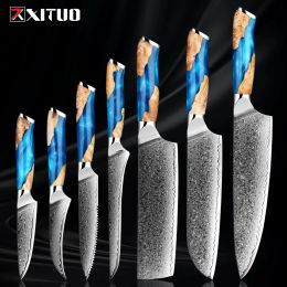 XITUO Damascus Kitchen Knife Set HighQuality 1-7PC Japanese VG10 Steel Chef Knife Cleaver Santoku Boning Fruit Knife Blue Resin