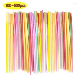 Disposable Cups Straws 100-200Pcs Mix Colour Plastic Fluorescence Bendable Cocktail Drinking Straw Hawaiian Wedding Party Bar Supplies