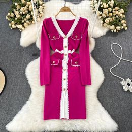 Casual Dresses Women Chic Long Sleeve V Neck Sweater Dress Vintage Korean Fashion Knit Vestido Elegant Autumn Winter Hip Wrap