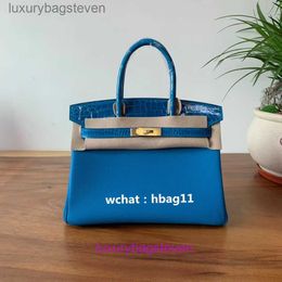 10A Original 1:1 Hremms Birkks Genuine Leather Handbag High Quality Bag 30cm25cm Blue Togo Stitching Real Bright Crocodile Hand Sewing Wax with Real Logo