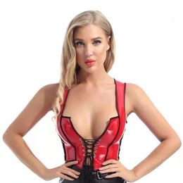 Women Sexy Leather Deep U Vest For Sex Erotic Wetlook Crop Tops Lace-up Front Hot Porn Breast Exposing Shiny Latex Camisole Sexi Catsuit Costumes