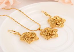 gold flower Pendant sweater Chain Necklaces Earrings Gold Colour dubai Jewellery Set Wedding party women girls gifts8725927