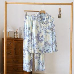 Women's Sleepwear Women Spring And Autumn Thin Home Clothes Silky Lapel Elastic Waist Long Sleeves Pants Pyjama Short For