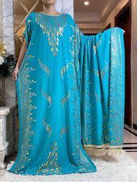 Ethnic Clothing 2018 Summer Short sleeved Dress Pure Cotton Gold Print Loose Abaya Maxi Islamic Dress Tassel Scarf African Long Dress T240510