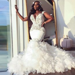 African Mermaid Wedding Dress 2021 Sweetheart Ruffle Royal Train Black Bride Dress Beading Formal Bridal Gown Plus Size Pageant 226a