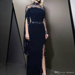 2020 Vintage High Neck Navy Blue Evening Dresses kaftan Dubai Beaded Long Sleeve Party Gowns Modest robe de soiree Split Prom Dress 305c