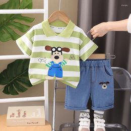 Clothing Sets 2024 Baby Summer Clothes For Kids Boy Cartoon Striped Turn-down Collar Short Sleeve T-shirts And Shorts Boys Boutique Outfit
