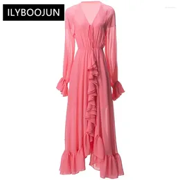 Casual Dresses Designer Autumn Long Dress Women V-Neck Flare Sleeve Ruffle Solid Color Party For 2024 High Quality