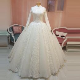2021 vintage Arabic Bridal Gown Islamic Muslim Wedding Dresses high neck Arab Ball Gown Lace Hijab Long Sleeves Princess bridal gowns 296j