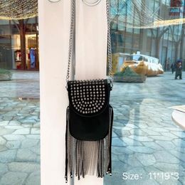 Shoulder Bags Korean Style Black Small Bag Rivet Tassel Chain Crossbody For Women Soft PU Leather Purses And Handbags 2024