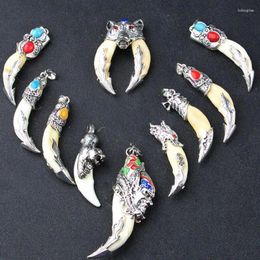 Decorative Figurines Old Tibetan Silver Inlay Dog Teeth Coral Turquoise Exorcism Amulet Pendant