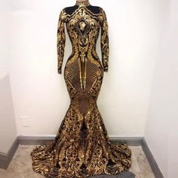 Gold and Black Sequined sparkly Long Sleeve Evening Dresses 2019 Floor Length Long mermaid high neck Party Dresses for Women Prom Gowns 251B