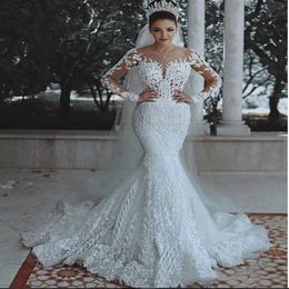 mermaid wedding dress Modern Romantic Gorgeous Long Sleeve Beading Lace Princess Bridal Gown Custom Made Appliques See Through 232q