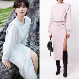 Casual Dresses 2024 Autumn And Winter Women Pleated Waist Front Shoulder Round Neck Bag Hip Side Slit Long Dress