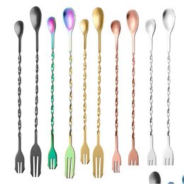 Spoons Steel Double Stainless Heads Titanium -Plated Long Handle Stirring Ice Tail Bartender Bar Spoon Fruit Forks 26Cm 32Cm Drop De Dhzc3