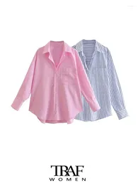 Women's Blouses -Striped Loose Shirts With Pocket For Women Long Sleeve Button-up Chic Tops Casual Female Fashion