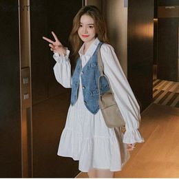 Work Dresses Sets Women Denim Vest White Dress Summer Fashion Streetwear Soft All-match Harajuku Design Outfits Vestido Simple Ruffles