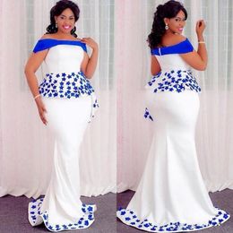 Royal Blue Satin Mermaid Plus Size Evening Dresses African Off The Shoulder Appliques Peplum Formal Party Prom Dresses 255f