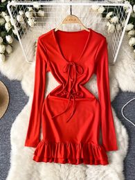 Casual Dresses Foamlina Women Long Sleeve Red Dress Sexy Lace-up Low Cut V Neck Slim Bodycon Ruffles Mini Fashion Spring Autumn Clothes