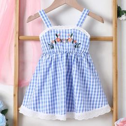 Girl Dresses Summer Girl's Camisole Skirt Embroidered Plaid Waistband Lace Dress Fashionable Cute Baby Child