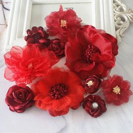 Decorative Flowers 10Pcs Set Red Series Mix 10 Styles Chiffon Organza Fabric Rose Wedding Dress Girls Clothing Headwear Decoration
