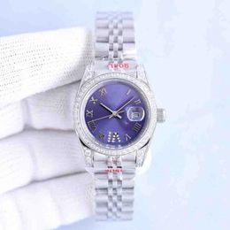 Women's watch purple round dial 36mm diamond time mark magnifying calendar waterproof scratch resistant blue crystal folding clasp 224T