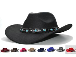 Wide Brim Hats Retro Women Men 100 Wool Cowboy Western Cowgirl Bowler Hat Fedora Cap Turquoise Bead Vintage Leather Band 57cmAdj2309086