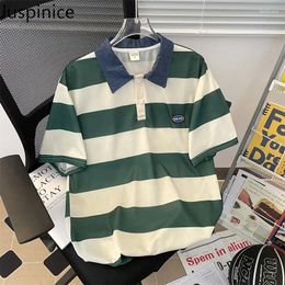 Men's Polos Japanese Spliced Striped Short-sleeved Polo Shirt Loose Casual High Street Personalised T-shirt Men Tops Male Clothes