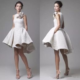 Krikor Jabotian Lace Prom Dresses High Low Jewel Neckline Handmade Flower Appliqued Formal Dress Short Lace Party Dresses Evening Wear 266Y