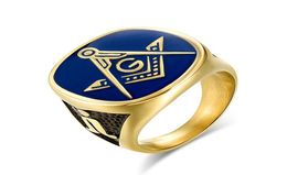 New Masonic Ring Gold Colour Stainless Steel Big Rings for Men Blue Enamel Gift for Brother Friend6320000