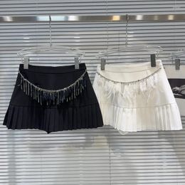 Skirts PREPOMP 2024 Summer Arrival Feathers Tassel Rhinestone Chain Short Mini Pleated Skirt Women GR114