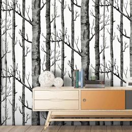 Wallpapers 2024 Birch Peel Stickers Self-adhesive Wallpaper Black And White Wood Wall Study Background Home Decoration