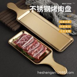 Plates Creative Korean Stainless Steel Rectangular Plate Western Style Steak Golden Flat Bottom Barbecue Tray Snack